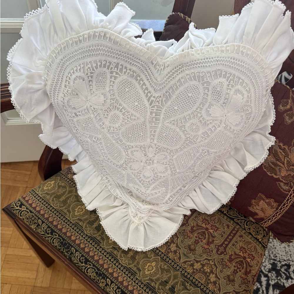 White Heart Battenberg Lace Pillow